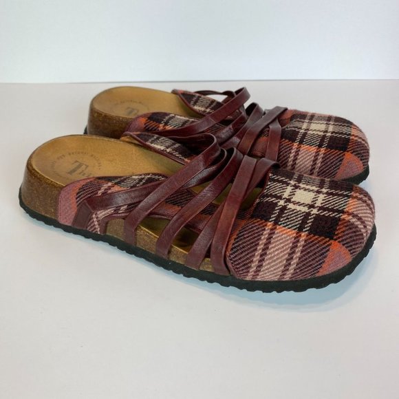 Think! Clogs 8 8.5 Plaid Leather Strappy‎ Comfort Slides Shoes Sandals 39 - Picture 1 of 11